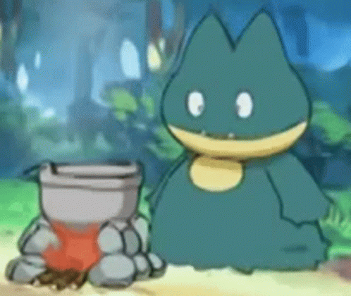 a cartoon of a pokemon sitting next to a pot of food .