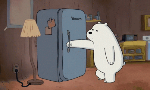 A Cartoon Of A Polar Bear Reaching Into A Fridge GIF