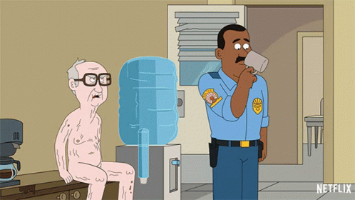 A Cartoon Of A Police Officer Drinking From A Cup Next To An Old Man GIF