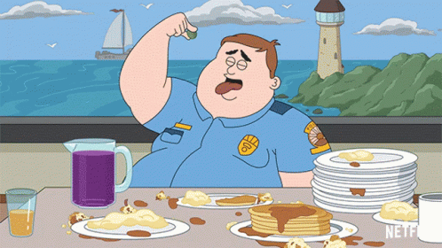 a cartoon of a police officer sitting at a table with pancakes