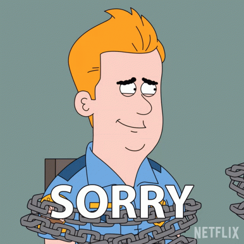 A Cartoon Of A Police Officer With Chains Around His Neck And The Word Sorry On The Bottom Right GIF