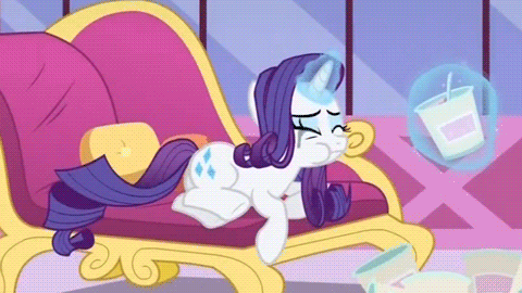A Cartoon Of A Pony Laying On A Couch With A Cup Of Milk In The Background GIF