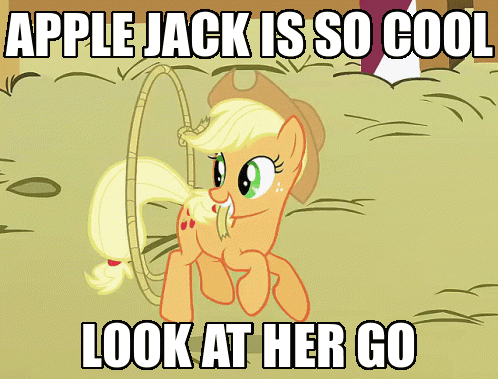 A Cartoon Of A Pony With A Hula Hoop And The Words " Apple Jack Is So Cool Look At Her Go " GIF