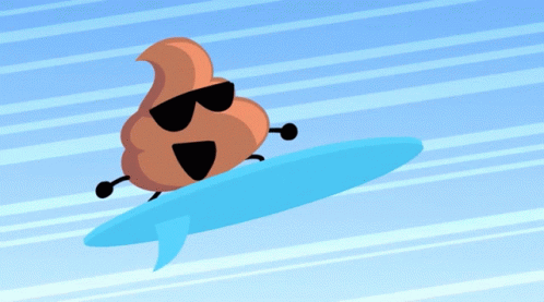 A Cartoon Of A Poop Wearing Sunglasses Riding A Surfboard GIF