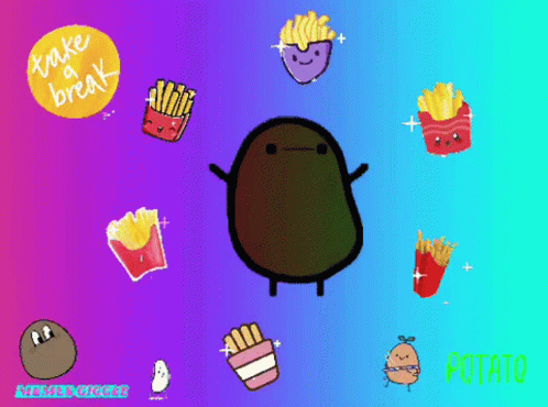 A Cartoon Of A Potato Surrounded By French Fries And The Words " Take A Break " In Yellow GIF
