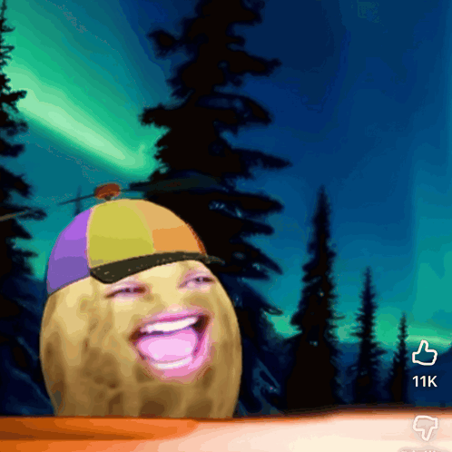 A Cartoon Of A Potato Wearing A Hat And Smiling With The Number 11K Below It GIF