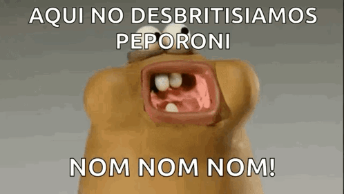 A Cartoon Of A Potato With Its Mouth Open And The Words Aqui No Desbritishamos Peporoni Nom Nom Nom ! GIF