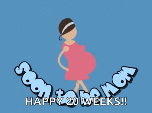 A Cartoon Of A Pregnant Woman With The Words " Happy 20 Weeks " GIF