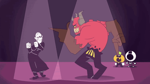 A Cartoon Of A Priest Dancing With A Demon GIF