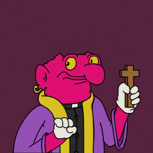 A Cartoon Of A Priest Holding A Cross In Front Of Flames GIF