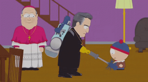 A Cartoon Of A Priest Holding A Vacuum Cleaner Standing Next To Stan Marsh GIF