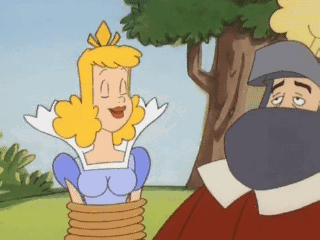 A Cartoon Of A Princess Tied Up By A Man With A Helmet On GIF
