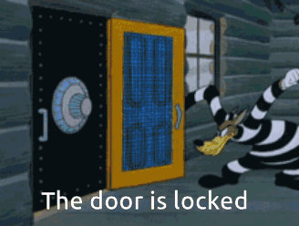 A Cartoon Of A Prisoner Trying To Open A Door With The Words " The Door Is Locked " GIF