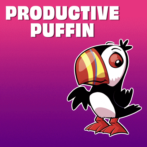 A Cartoon Of A Puffin With The Words " Productive Puffin " Above It GIF