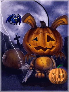 A Cartoon Of A Pumpkin With Bunny Ears And A Bat Flying In The Background GIF