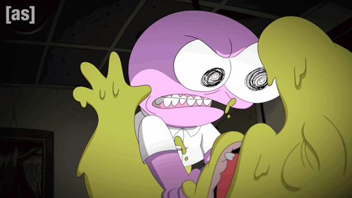 A Cartoon Of A Purple And Yellow Monster With The Letters A And S On It GIF