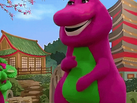 A Cartoon Of A Purple Dinosaur With A Green Tail GIF