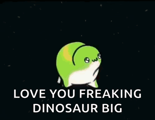 A Cartoon Of A Purple Dinosaur With The Words `` I Love You Freaking Dinosaur Big '' . GIF