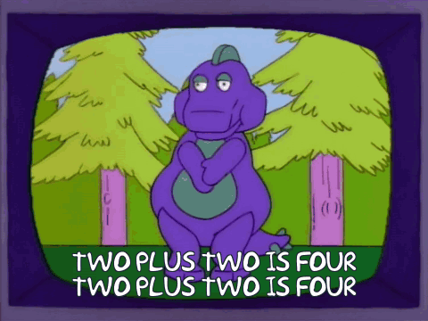 A Cartoon Of A Purple Dinosaur With The Words Two Plus Two Is Four On The Bottom GIF