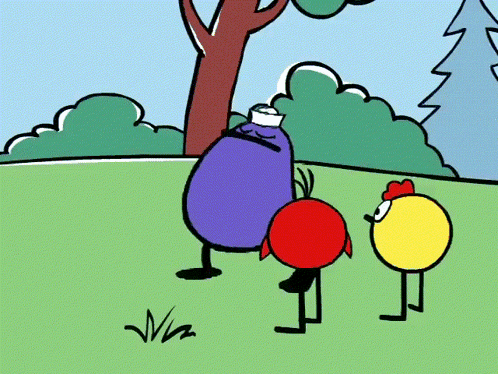 A Cartoon Of A Purple Eggplant A Red Circle And A Yellow Circle Standing In A Grassy Field GIF