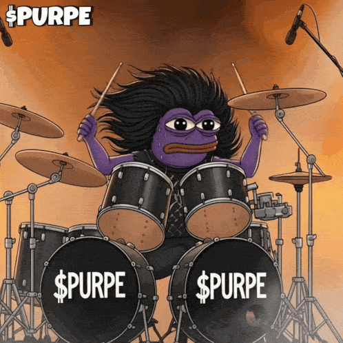A Cartoon Of A Purple Frog Playing Drums With The Word Purpe On The Drums GIF