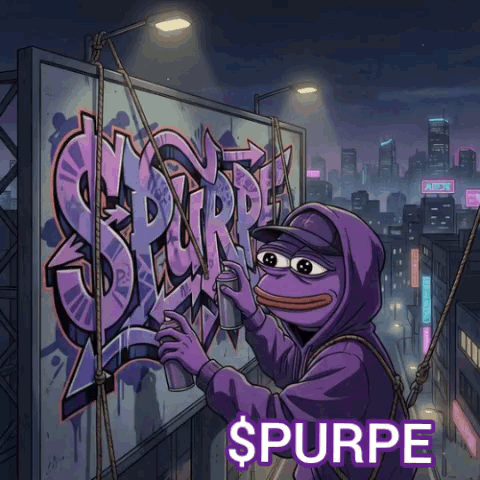 A Cartoon Of A Purple Frog Spraying Graffiti On A Billboard With The Word Spurpe Below It GIF