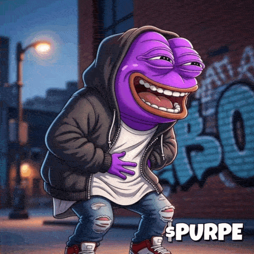 A Cartoon Of A Purple Frog Wearing A Hoodie With The Word Spurpe Below It GIF