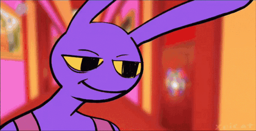 A Cartoon Of A Purple Rabbit With Yellow Eyes GIF