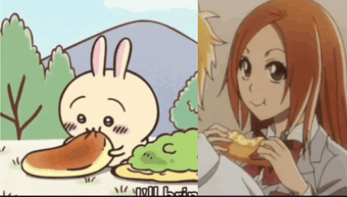 a cartoon of a rabbit eating a pancake next to a girl eating a sandwich