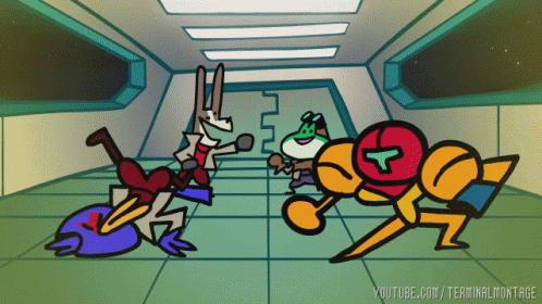 A Cartoon Of A Rabbit Fighting Another Cartoon Character With Youtube.com/terminalmontage Written Underneath GIF