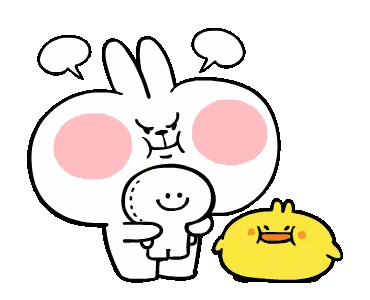 a cartoon of a rabbit holding a smaller rabbit and a yellow chicken