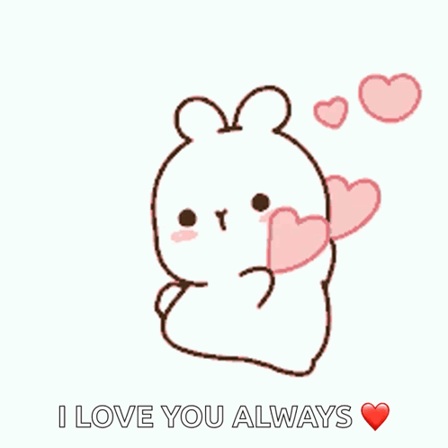 A Cartoon Of A Rabbit Holding Two Pink Hearts And Saying I Love You Always GIF