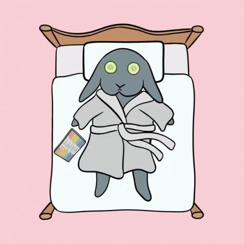 a cartoon of a rabbit in a bathrobe laying on a bed