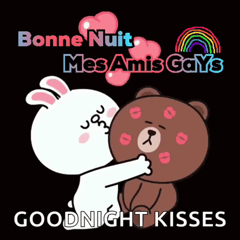 A Cartoon Of A Rabbit Kissing A Teddy Bear With The Words " Goodnight Kisses " Below It GIF