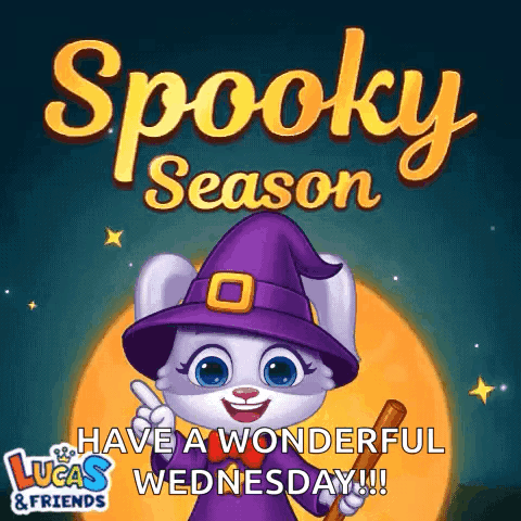A Cartoon Of A Rabbit Wearing A Witch Hat And Holding A Stick GIF