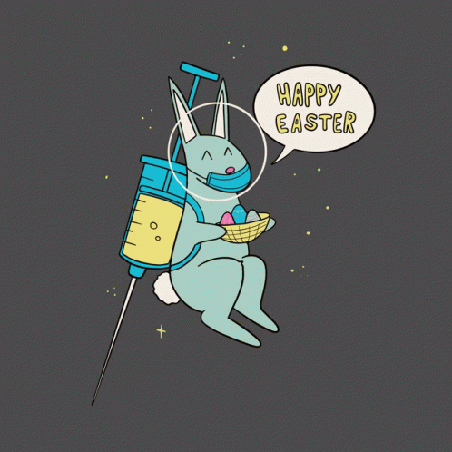 A Cartoon Of A Rabbit With A Syringe And A Speech Bubble That Says " Happy Easter " GIF