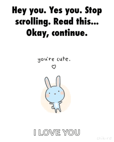 a cartoon of a rabbit with the words " hey you yes you stop scrolling read this okay continue you 're cute "