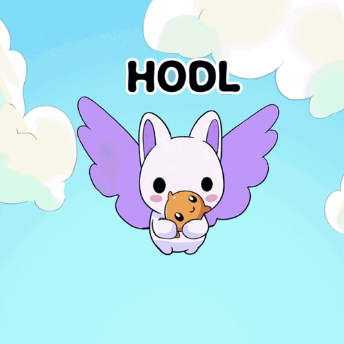 a cartoon of a rabbit with wings holding a teddy bear with the word hool written above it