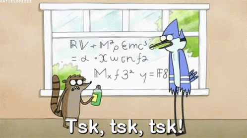 A Cartoon Of A Raccoon And A Blue Bird Standing In Front Of A White Board That Says Tsk GIF