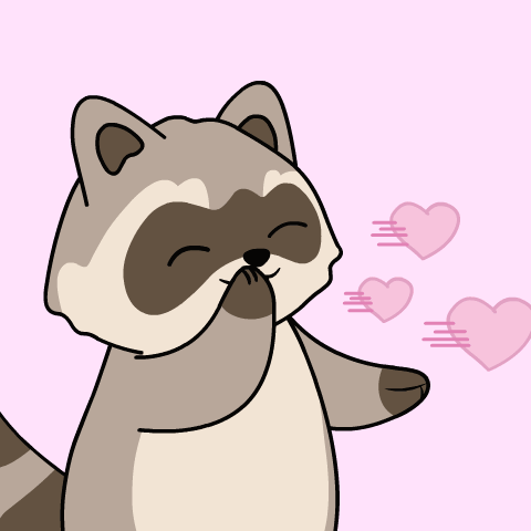 A Cartoon Of A Raccoon Blowing Pink Hearts From Its Mouth GIF