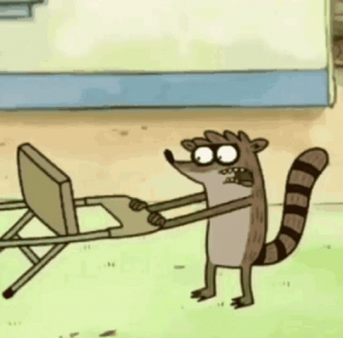 A Cartoon Of A Raccoon Holding A Chair In His Hands . GIF