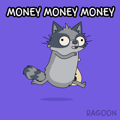 A Cartoon Of A Raccoon Running With A Bag Of Money And The Words Money Money Money Below It GIF