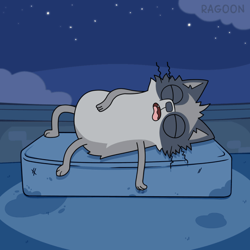 A Cartoon Of A Raccoon Sleeping On A Mattress GIF
