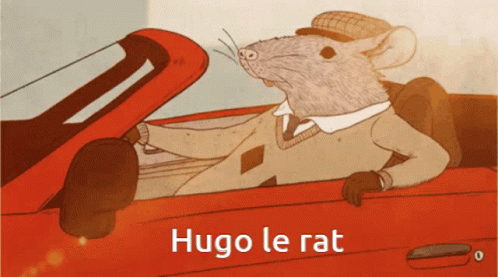 A Cartoon Of A Rat Driving A Red Car With The Words Hugo Le Rat Below Him GIF