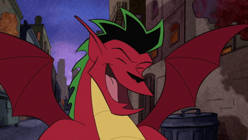 A Cartoon Of A Red And Yellow Dragon Sleeping In A Dumpster GIF