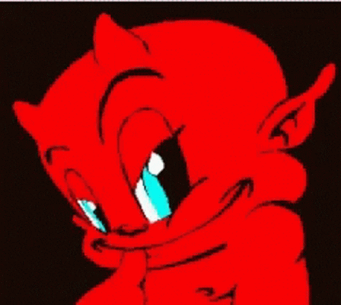 A Cartoon Of A Red Devil With Blue Eyes And Horns GIF