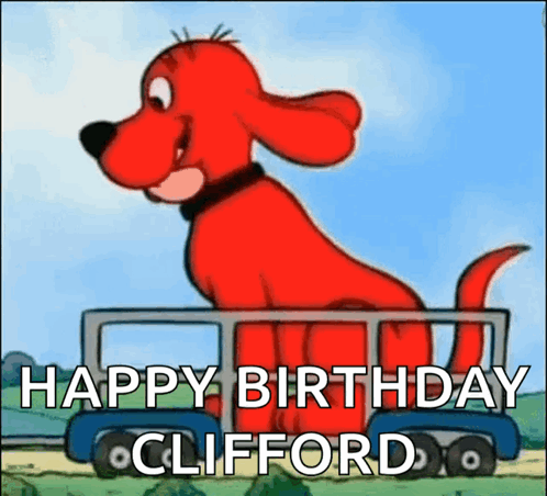 A Cartoon Of A Red Dog Driving A Bus With The Words Happy Birthday Clifford GIF