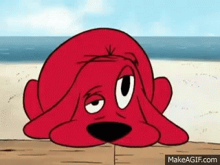 A Cartoon Of A Red Dog Laying On A Beach Looking At The Ocean GIF