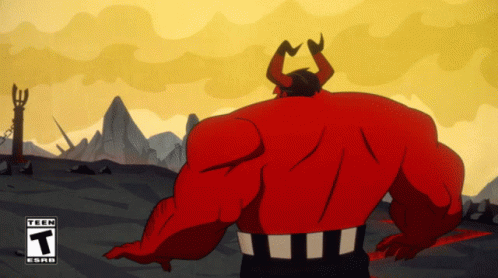A Cartoon Of A Red Monster With Horns And A T On The Bottom Right GIF