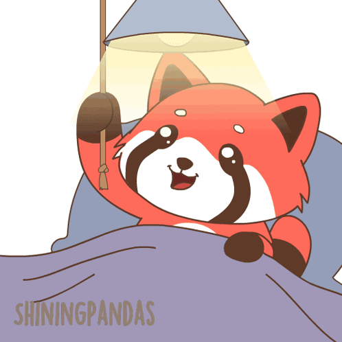A Cartoon Of A Red Panda Laying In Bed With A Lamp Shining On It GIF